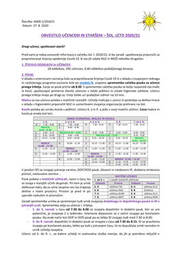 Obvestilo Učencem in Staršem – Šol. Leto 2020/21