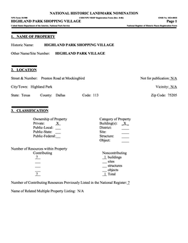 HIGHLAND PARK SHOPPING VILLAGE Page 1 United States Department of the Interior, National Park Service National Register of Historic Places Registration Form