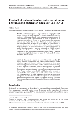 Football Et Unité Nationale : Entre Construction Politique Et Signiﬁcation Sociale (1965–2010)
