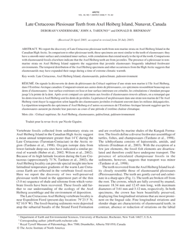 Late Cretaceous Plesiosaur Teeth from Axel Heiberg Island, Nunavut, Canada DEBORAH VANDERMARK,1 JOHN A