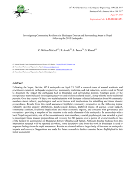 Investigating Community Resilience in Bhaktapur District and Surrounding Areas in Nepal Following the 2015 Earthquake