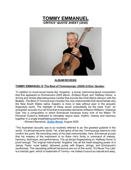 Tommy Emmanuel Critics’ Quote Sheet (2020)