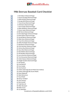 1986 Donruss Baseball Card Checklist