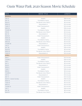 Oasis Water Park 2020 Season Movie Schedule