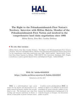 The Right to the Pekuakamiulnuatsh First Nation's Territory. Interview with Hélène Boivin, Member of the Pekuakamiulnuatsh