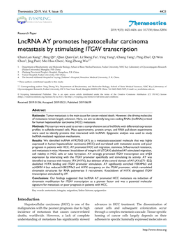 Theranostics Lncrna AY Promotes Hepatocellular Carcinoma