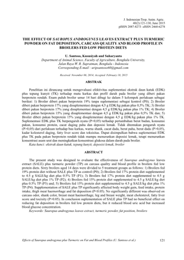 The Effect of Sauropus Androgynus Leaves Extract Plus Turmeric Powder on Fat Deposition, Carcass Quality and Blood Profile in Broilers Fed Low Protein Diets