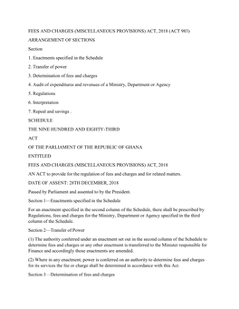 FEES and CHARGES (MISCELLANEOUS PROVISIONS) ACT, 2018 (ACT 983) ARRANGEMENT of SECTIONS Section 1