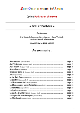 Saint-Omer En Toutes Lettres « Brel Et Barbara » Au Sommaire