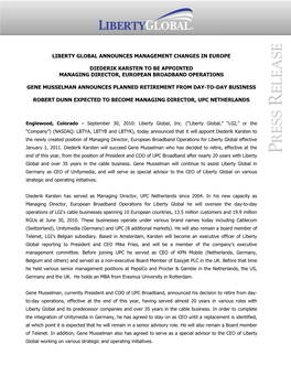 Liberty Global Announces Management Changes in Europe