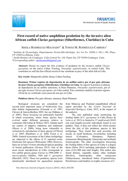 First Record of Native Amphibian Predation by the Invasive Alien African Catfish Clarias Gariepinus (Siluriformes, Clariidae) in Cuba