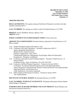 BOARD of EDUCATION September 14, 2010 City Council Chambers 2263 Santa Clara Avenue Alameda, CA