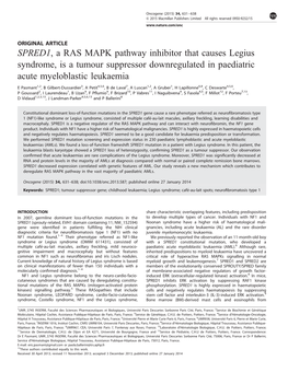 SPRED1, a RAS MAPK Pathway Inhibitor That Causes Legius Syndrome, Is a Tumour Suppressor Downregulated in Paediatric Acute Myeloblastic Leukaemia