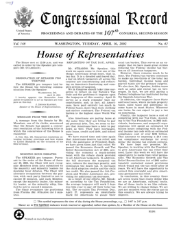 Congressional Record United States Th of America PROCEEDINGS and DEBATES of the 107 CONGRESS, SECOND SESSION