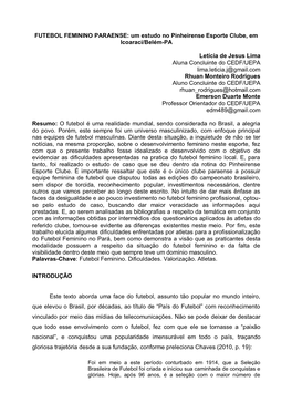 FUTEBOL FEMININO PARAENSE: Um Estudo No Pinheirense Esporte Clube, Em Icoaraci/Belém-PA