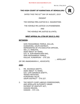 The High Court of Karnataka at Bengaluru R Dated This the 01St Day of August, 2019