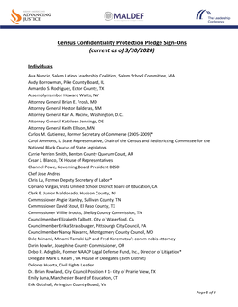 Census Confidentiality Protection Pledge Sign-Ons (Current As of 3/30/2020)