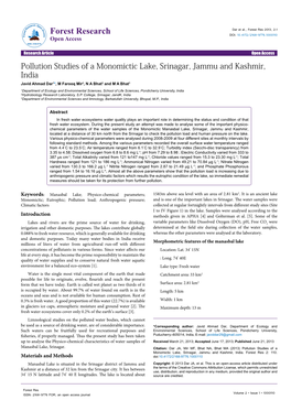 Pollution Studies of a Monomictic Lake, Srinagar, Jammu And