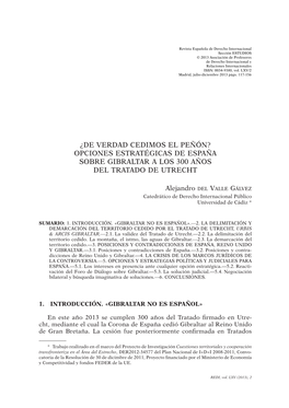 Opciones Estratégicas De España Sobre Gibraltar a Los 300 Años Del Tratado De Utrecht