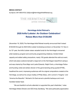 Hermitage Artist Retreat's 2020 Artful Lobster