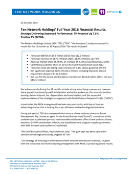 Ten Network Holdings' Full Year 2016 Financial Results