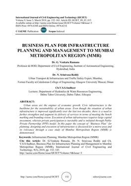 Business Plan for Infrastructure Planning and Management to Mumbai Metropolitan Region (Mmr)