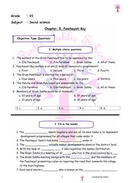 Grade : VI Subject : Social Science Chapter: 5. Panchayati