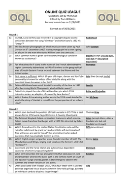 ONLINE QUIZ LEAGUE Questions Set by Phil Small Edited by Tom Williams for Use in Matches on 31/3/2021