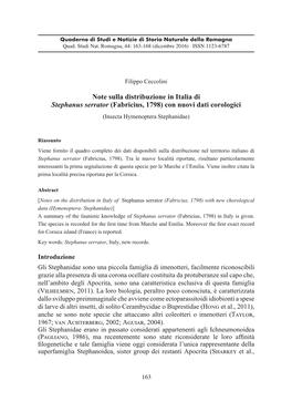 Note Sulla Distribuzione in Italia Di Stephanus Serrator (Fabricius, 1798) Con Nuovi Dati Corologici (Insecta Hymenoptera Stephanidae)