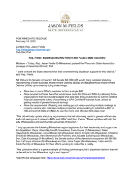 Rep. Jason Fields Rep.Fields@Legis.Wisconsin.Gov 608-266-3756