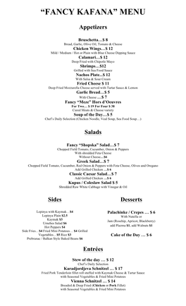 “Fancy Kafana” Menu