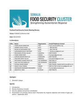 Puntland Food Security Cluster Meeting Minutes Venue: PUNSAA