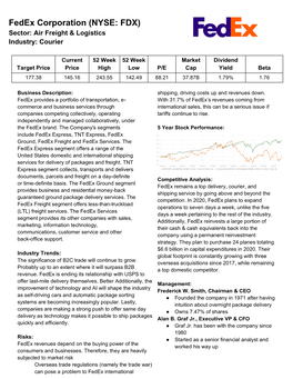 Fedex Corporation (NYSE: FDX) Sector: Air Freight & Logistics Industry: Courier