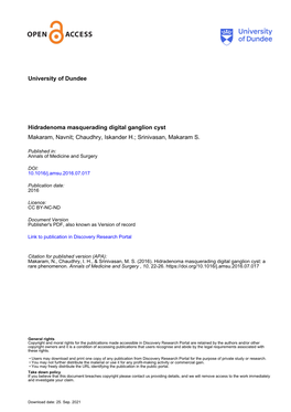 Hidradenoma Masquerading Digital Ganglion Cyst Makaram, Navnit; Chaudhry, Iskander H.; Srinivasan, Makaram S