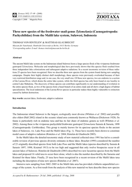 Zootaxa, Three New Species of the Freshwater Snail Genus Tylomelania