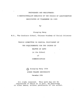 Propaganda and Resistance: a Neoculturalist Analysis of the Crisis of Legitimation Manifested at Tiananmen in 1989