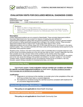Evaluation Visits for Excluded Medical Diagnosis Codes [#33]