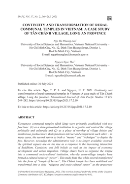 Continuity and Transformation of Rural Communal Temples in Vietnam: a Case Study of Tân Chánh Village, Long an Province