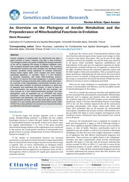 An Overview on the Phylogeny of Aerobic Metabolism and the Preponderance of Mitochondrial Functions in Evolution Denis Rousseau*