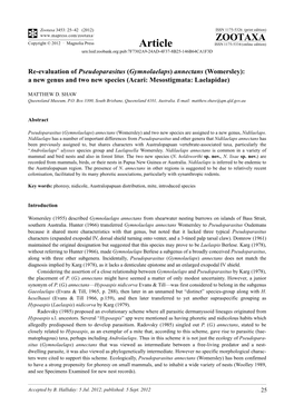 Gymnolaelaps) Annectans (Womersley): a New Genus and Two New Species (Acari: Mesostigmata: Laelapidae