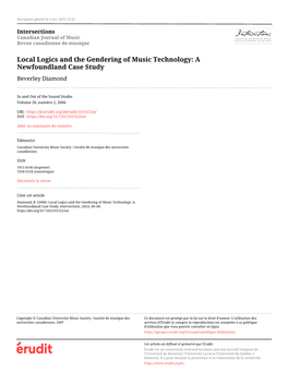 Local Logics and the Gendering of Music Technology: a Newfoundland Case Study Beverley Diamond