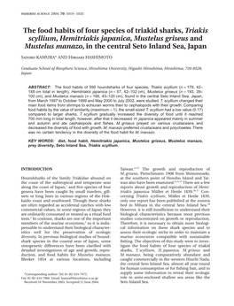 The Food Habits of Four Species of Triakid Sharks, Triakis Scyllium, Hemitriakis Japanica, Mustelus Griseus and Mustelus Manazo, in the Central Seto Inland Sea, Japan