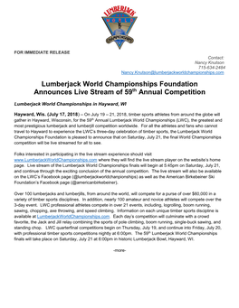 Lumberjack World Championships Foundation Announces Live Stream of 59Th Annual Competition