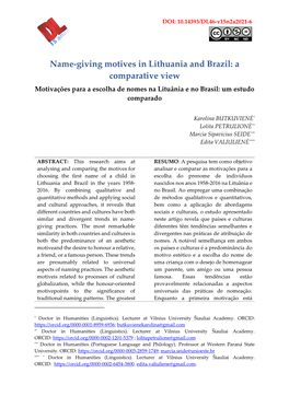 Name-Giving Motives in Lithuania and Brazil: a Comparative View Motivações Para a Escolha De Nomes Na Lituânia E No Brasil: Um Estudo Comparado