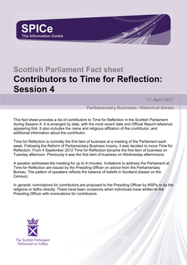 Scottish Parliament Fact Sheet Contributors to Time for Reflection: Session 4 11 April 2017 Parliamentary Business: Historical Series