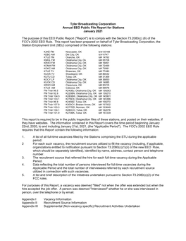 Tyler Broadcasting Corporation Annual EEO Public File Report for Stations January 2021