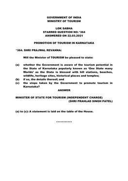 Government of India Ministry of Tourism Lok Sabha Starred Question No.*364 Answered on 22.03.2021 Promotion of Tourism in Karnat