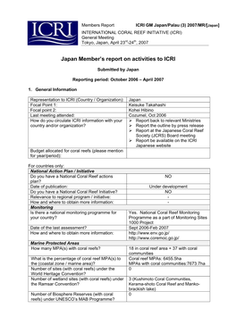 Japan Member's Report on Activities to ICRI