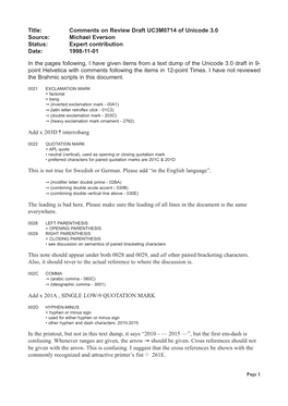 Comments on Review Draft UC3M0714 of Unicode 3.0 Source: Michael Everson Status: Expert Contribution Date: 1998-11-01