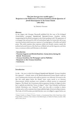 Responses to the Publication of Cronaca Israelitica and the Question of Jewish Emancipation in the Ionian Islands (1861-1863)